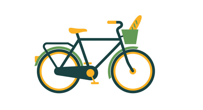 Vintage bicycle with front basket carrying bread loaf.