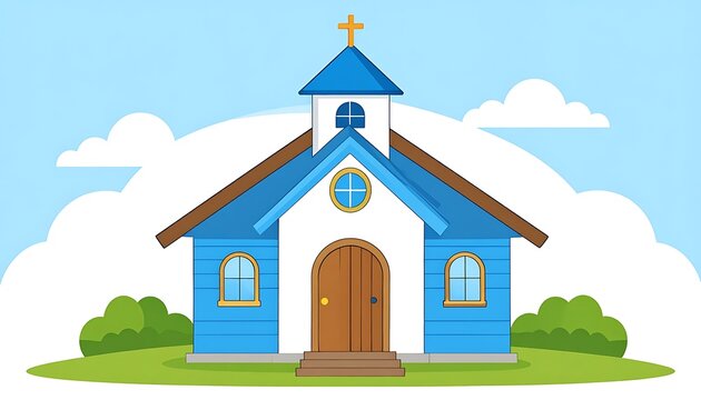 A cartoon-style illustration of a small church with blue and white exterior