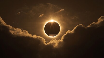 Obraz premium Dramatic Total Solar Eclipse Showing Diamond Ring Effect Above Clouds.
