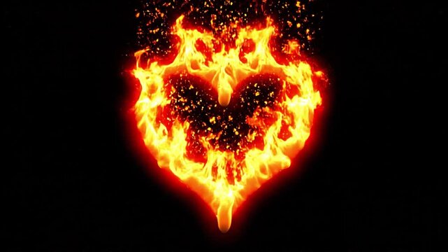 Burning heart shape made of fire flames glowing on black background