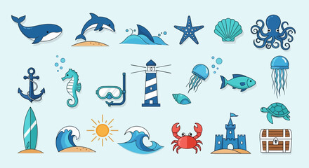 Ocean Life and Beach Vacation Icons Set: Dolphin, Whale, Turtle, Crab, Lighthouse, Surfboard © khusnul