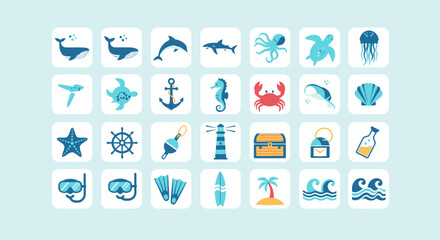 Ocean Sea Life Icons: Marine Animals, Nautical Symbols, Beach Elements © khusnul