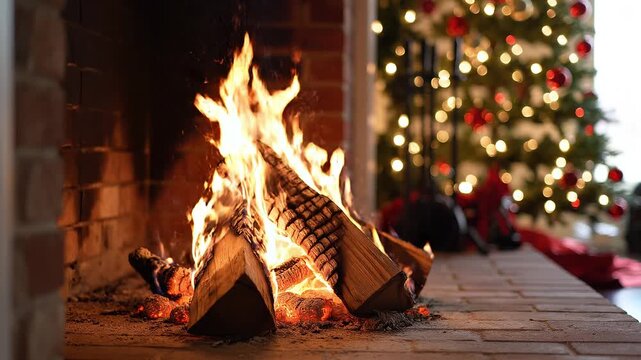 Burning Wood Logs in a Fireplace with Blurred Christmas Tree Background
