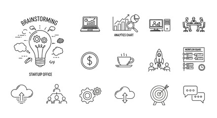 Fototapeta premium Startup office icons set illustrating brainstorming, business growth, and teamwork.