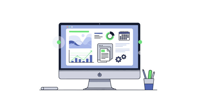 Computer monitor displaying business data analysis and growth dashboard