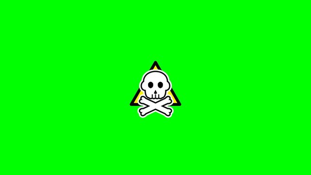 Green screen background with white cartoon skull and crossbones symbol centered in triangle