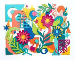 Fototapeta premium Vibrant abstract floral composition with geometric shapes and organic foliage