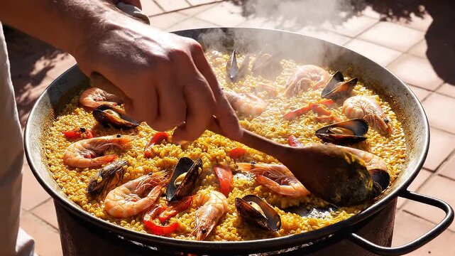 Chef cooking traditional seafood paella in a large pan outdoors