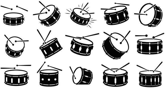 Drum Set Collection: Various Snare Drums and Drumsticks Icon Set