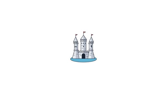 Illustration of a grand castle with multiple towers on a blue circular base against a white background