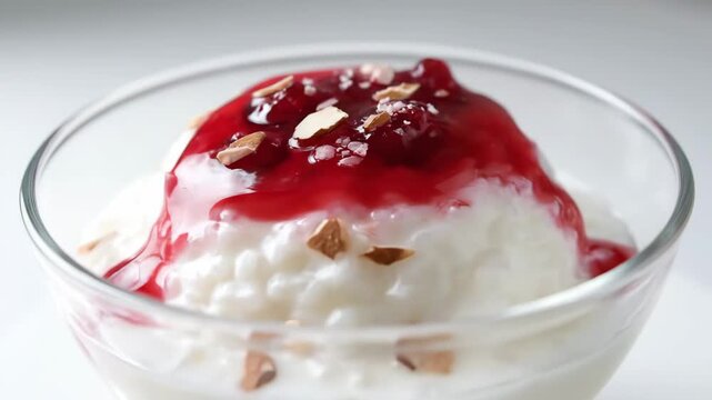 Creamy Rice Pudding Dessert Topped with Bright Red Cherry Sauce and Sliced Almonds in a Glass Bowl, Macro View on White Background.