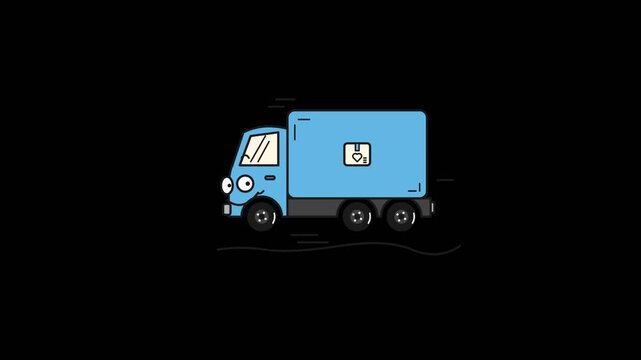 Light blue cartoon delivery van driving on dark road with cargo box