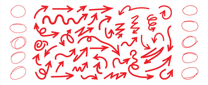 Hand drawn red arrow and scribble annotation elements collection. Arrow mark icons. Arrow paint. vector illustrator