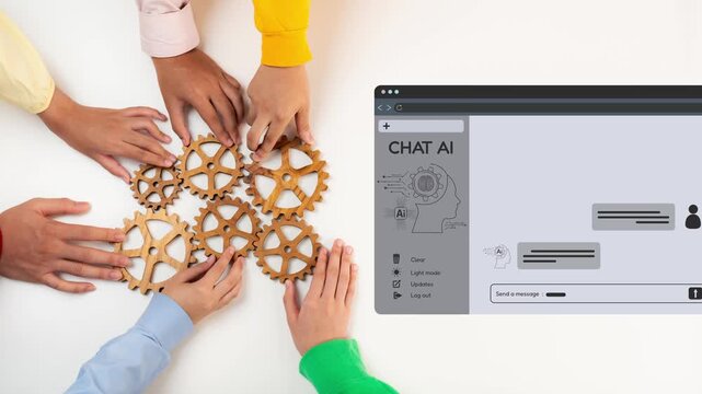 A diverse group of hands collaborates over wooden gears, symbolizing teamwork and problem-solving alongside a displayed chat AI interface in a modern workplace. Raster