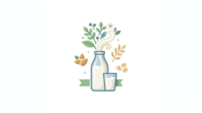 Plant-Based Milk Illustration with Almonds Oats and Soybeans on White Background