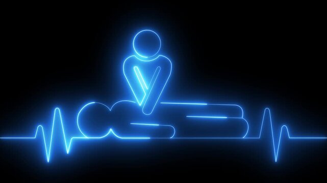 Neon cpr chest compression animation with ekg heartbeat line for medical emergency training cardiopulmonary resuscitation