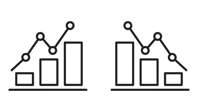 Twin mirrored financial growth charts with bar graphs and line trends on dark background