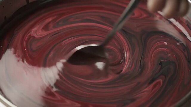 Stirring rich dark red berry glaze and melted chocolate in metal bowl