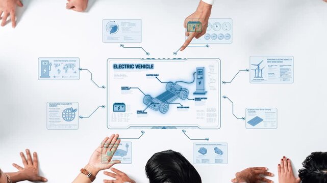 A diverse group of individuals engages in a collaborative effort, discussing electric vehicle technology and presenting detailed charts and diagrams on a modern workspace. Raster