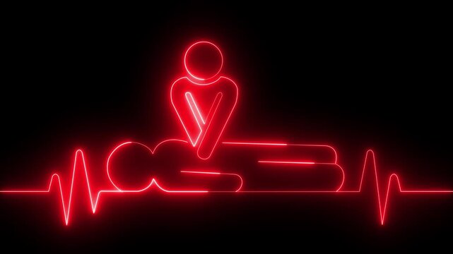 Neon cpr chest compression animation with ekg heartbeat line for medical emergency training cardiopulmonary resuscitation