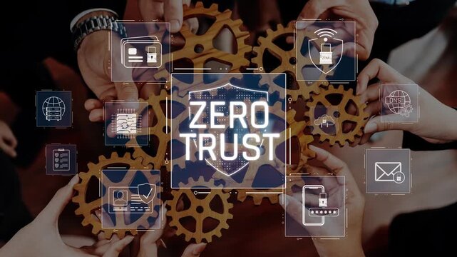 Visual representation of the Zero Trust security model featuring interconnected gears and icons, highlighting collaboration in enhancing digital safety and data protection. Raster