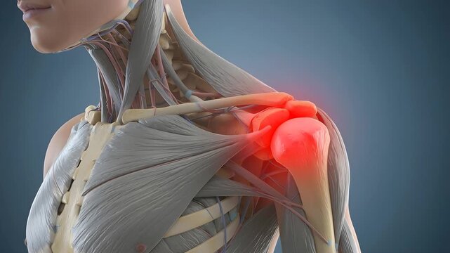 3D anatomical illustration showing shoulder joint pain inflammation and muscle tissue structure for medical education and science healthcare concept