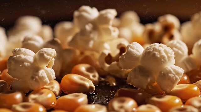 Close-up of yellow corn kernels popping into fresh white fluffy popcorn