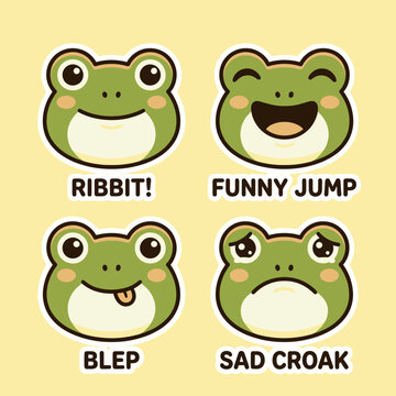 Cartoon Frog Face Various Emotions.