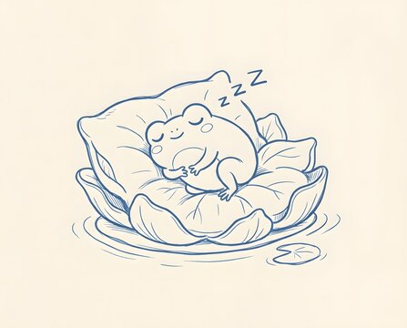 Cute sleeping frog on lily pad in pond illustration
