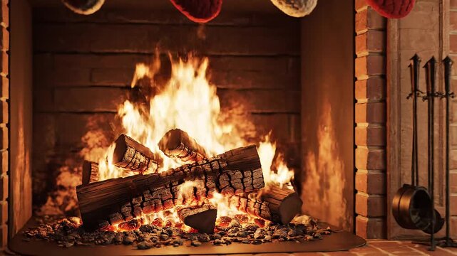 Cozy Christmas fireplace with burning logs and hanging stockings at home