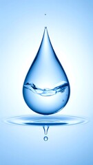 Fototapeta premium A large, clear water droplet falling against a blue background