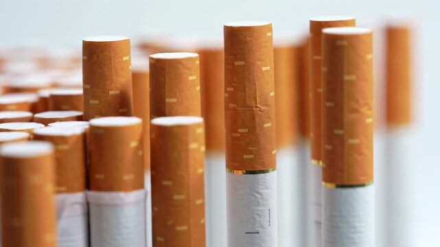 Close-up of numerous cigarettes, focused and blurred, with orange and white