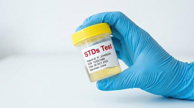 Gloved hand holding a urine sample container for std testing on a white background