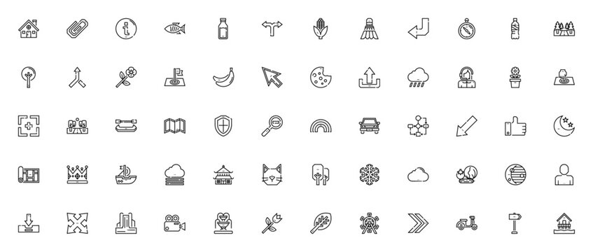 Miscellaneous icon set. Includes symbols for house, fish, milk bottle, corn, banana, rain, flower, car, moon, cat, cloud, leaf, crown and more.