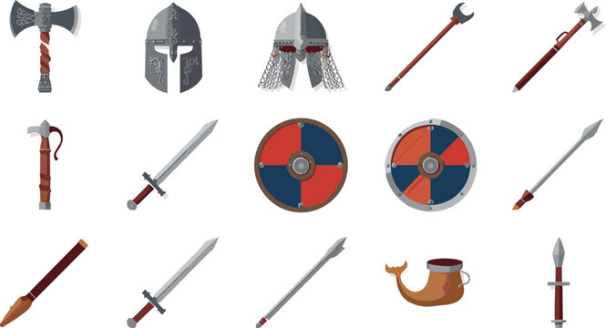 Medieval Viking Weapon and Armor Icon Set Featuring Steel Swords Battle Axes Helmets Shields Spearheads and Drinking Horn Vector Elements
