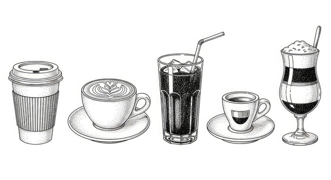 Coffee drinks collection espresso latte cold brew and iced coffee variations