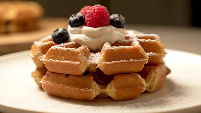Stacked Golden Waffles with Whipped Cream, Fresh Raspberries, and Blueberries, Dusted with Powdered Sugar on a White Plate