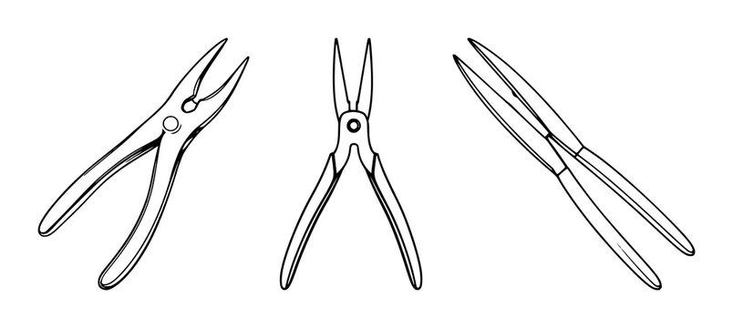 Pliers set with open and closed variations featuring hand tools, gripping instruments, metal with industrial objects and workshop equipment