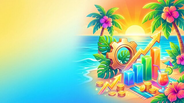Tropical beach sunset with palm trees ocean waves and hibiscus flowers. Gear arrows colorful bar charts coins and cocktail on sand. Business growth success and relaxation concept in paradise vacation