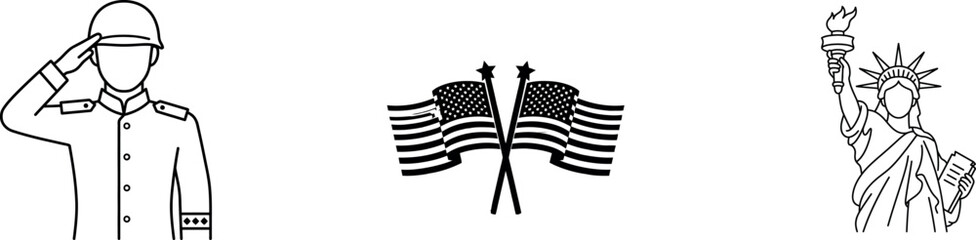 American independence day symbols soldier flags and statue of liberty line art © MDRaiyanulislam