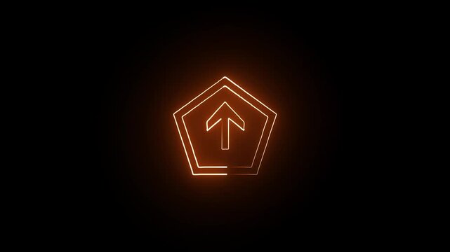 Neon glowing up arrow symbol concept coral color with neon pentagon icon.