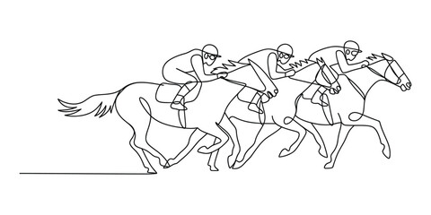 Obraz premium Continuous line drawing of jockeys racing on horses