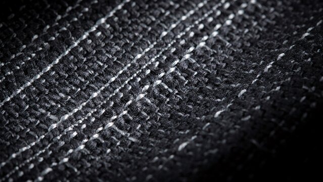Close-up macro shot of dark textured fabric with white thread accents textile