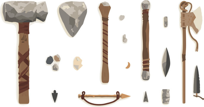 Prehistoric Stone Age Tool Vector Set Featuring Primitive Hammer Axe Club Arrowheads Spear Tips and Ancient Weapon Elements for Game Design