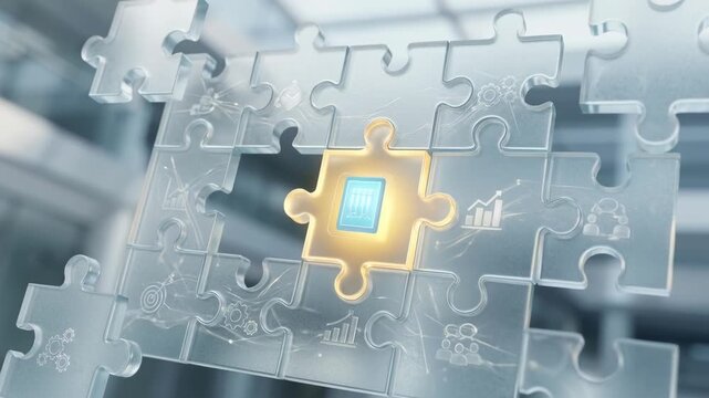 Business strategy puzzle solution innovation planning success connection concept with glowing puzzle piece glass business solution innovation data