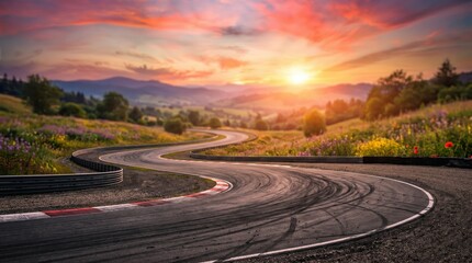 Fototapeta premium Out-of-focus sunset over racetrack curve with tire tracks and scenic view.