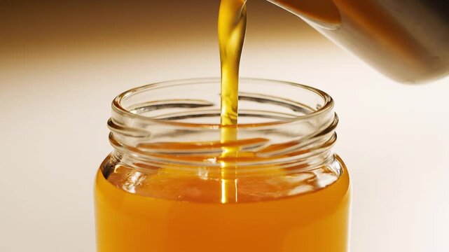 Golden Honey Pouring into a Clear Glass Jar for Culinary Preparation