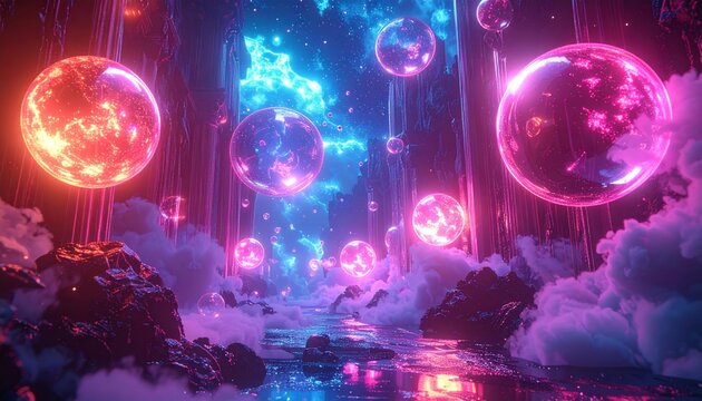 Vibrant neon glowing orbs in fantasy landscape.