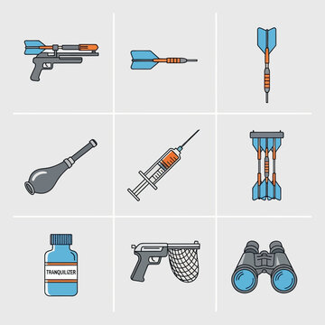 Tranquilizer Gun, Darts, Syringe, Binoculars, Net Gun Icons Set