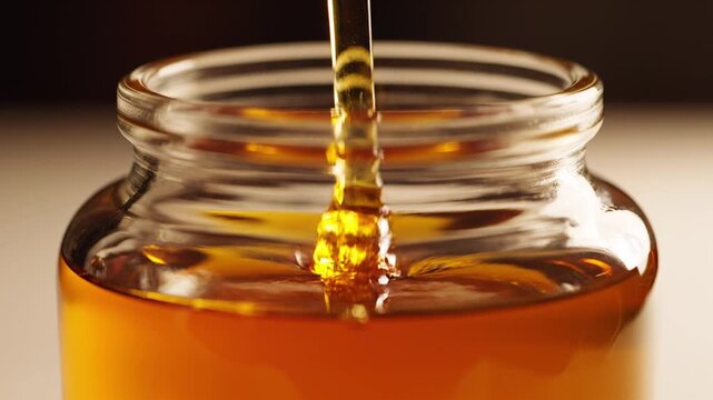 Golden Honey Pouring Into A Glass Jar For Natural Sweetener Kitchen Use